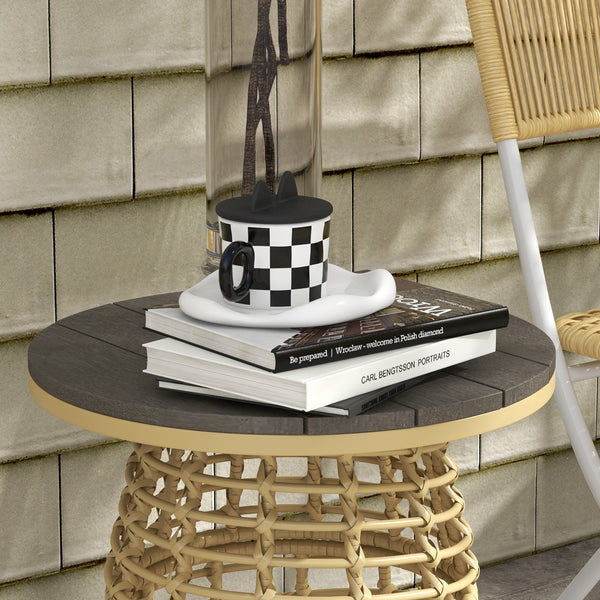 Table basse de jardin, table d'appoint extérieur ronde en résine aspect rotin métal et plateau composite, Ø 45 x 50 cm naturel