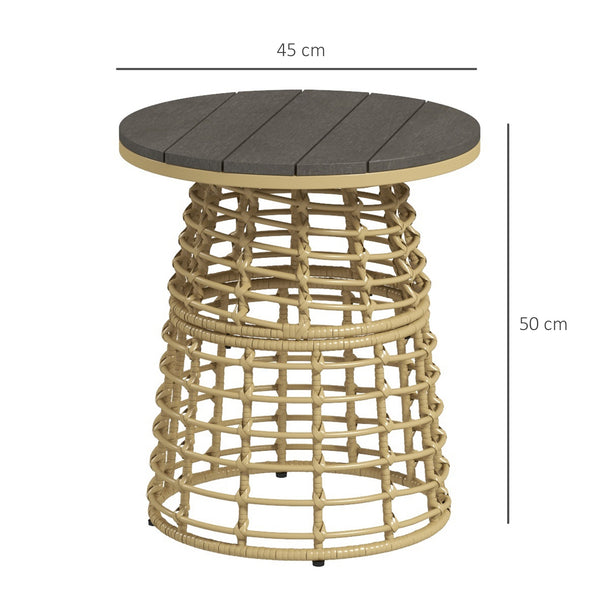 Table basse de jardin, table d'appoint extérieur ronde en résine aspect rotin métal et plateau composite, Ø 45 x 50 cm naturel