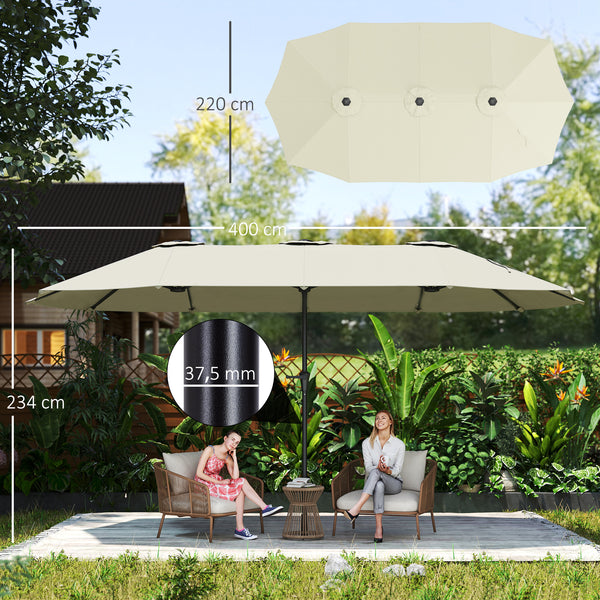 Parasol de jardin extérieur, parasol double rectangulaire 4 x 2,2 x 2,3 m avec ouverture fermeture manivelle, toile 180 g/m² pour balcon, piscine, terrasse, crème