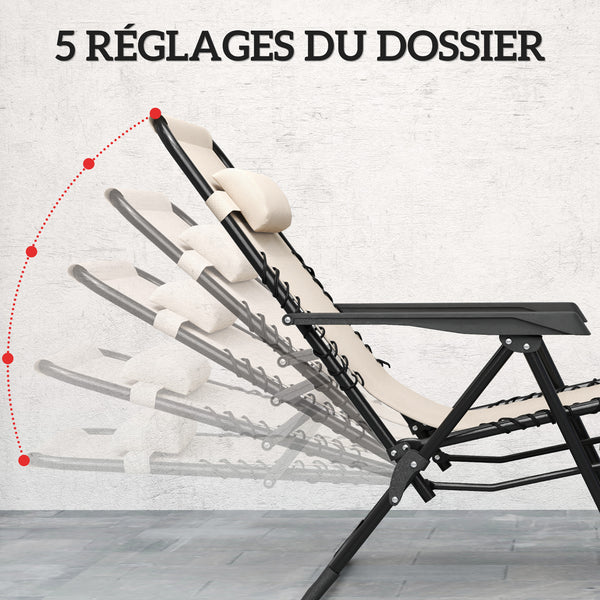 Lot de 2 chaise longue pliable et inclinable avec table d'appoint, fauteuil relax jardin de gravité zéro transat bain de soleil avec porte-gobelets et appuie-tête, charge 120 kg, beige
