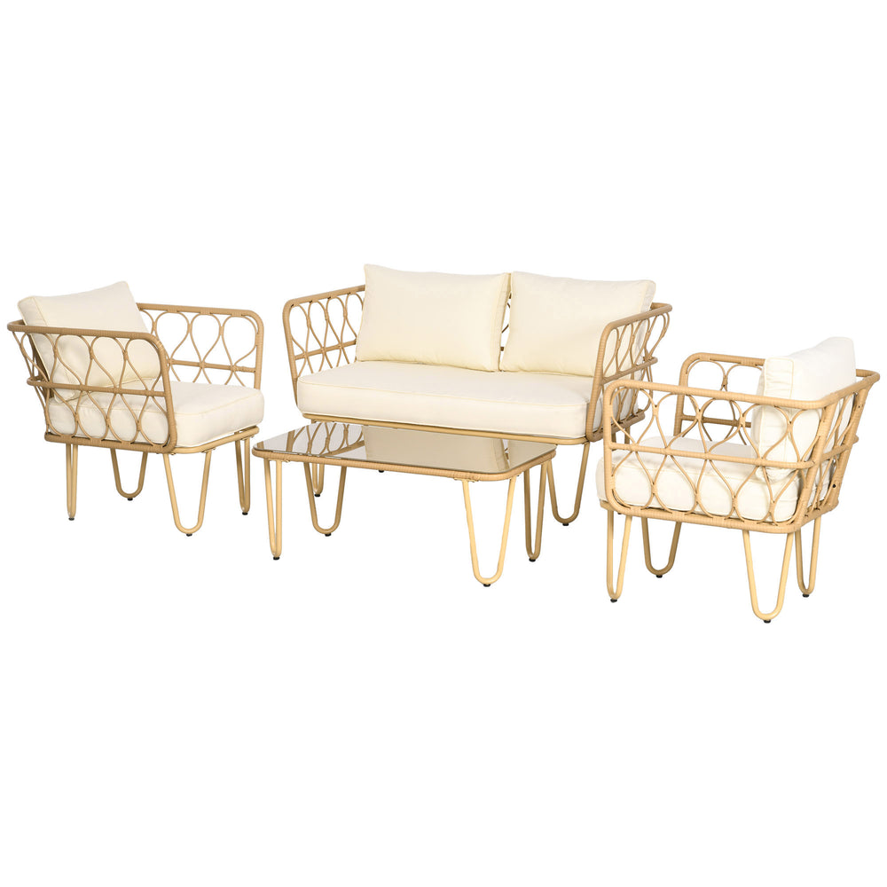 Ensemble salon de jardin 4 pièces canapé 2 places + 2 fauteuils + 1 table basse plateau verre trempé 7 coussins - métal et résine tressée - écru