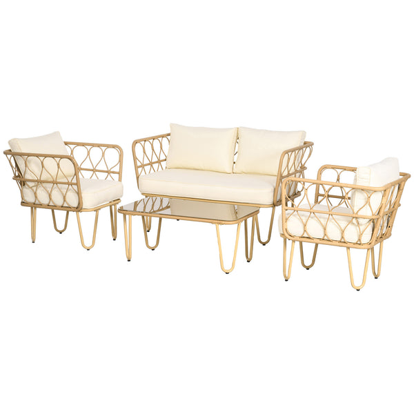 Ensemble salon de jardin 4 pièces canapé 2 places + 2 fauteuils + 1 table basse plateau verre trempé 7 coussins - métal et résine tressée - écru