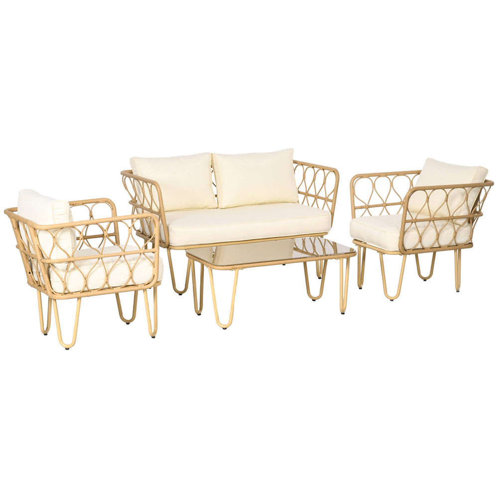 Ensemble salon de jardin 4 pièces canapé 2 places + 2 fauteuils + 1 table basse plateau verre trempé 7 coussins - métal et résine tressée - écru