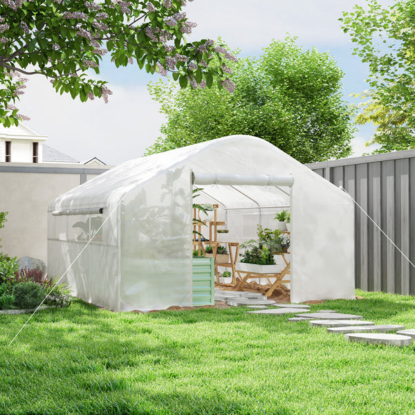 Serre de jardin 12 m², serre tunnel de jardin 4 x 3 x 2 m avec portes enroulables et grandes fenêtres en maille, serre en acier galvanisé et PE haute densité 140 g/m² résistante aux UV, blanc