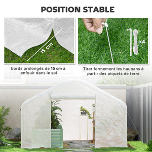 Serre de jardin 12 m², serre tunnel de jardin 4 x 3 x 2 m avec portes enroulables et grandes fenêtres en maille, serre en acier galvanisé et PE haute densité 140 g/m² résistante aux UV, blanc