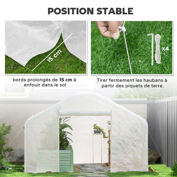 Serre de jardin 12 m², serre tunnel de jardin 4 x 3 x 2 m avec portes enroulables et grandes fenêtres en maille, serre en acier galvanisé et PE haute densité 140 g/m² résistante aux UV, blanc