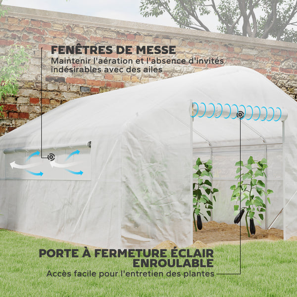 Serre de jardin 12 m², serre tunnel de jardin 4 x 3 x 2 m avec portes enroulables et grandes fenêtres en maille, serre en acier galvanisé et PE haute densité 140 g/m² résistante aux UV, blanc