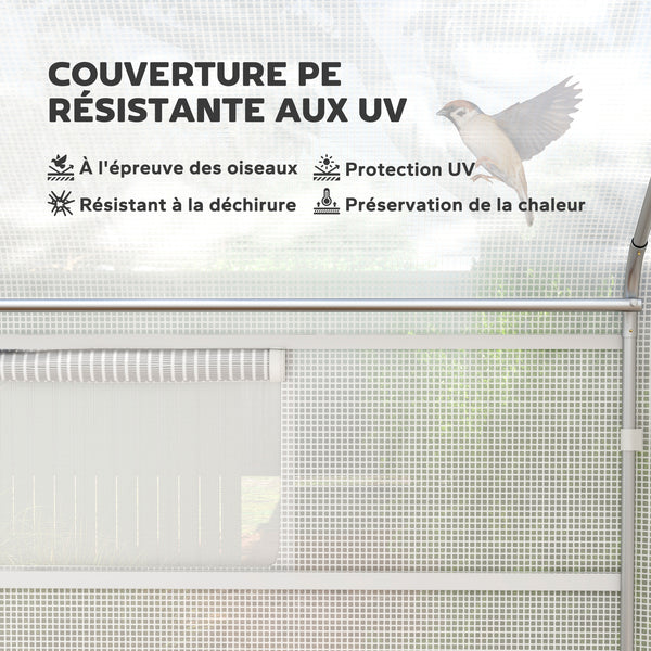 Serre de jardin 12 m², serre tunnel de jardin 4 x 3 x 2 m avec portes enroulables et grandes fenêtres en maille, serre en acier galvanisé et PE haute densité 140 g/m² résistante aux UV, blanc
