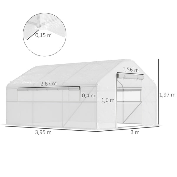 Serre de jardin 12 m², serre tunnel de jardin 4 x 3 x 2 m avec portes enroulables et grandes fenêtres en maille, serre en acier galvanisé et PE haute densité 140 g/m² résistante aux UV, blanc