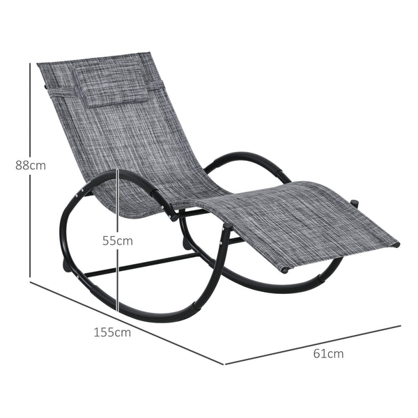 Chaise longue à bascule, transat de jardin ergonomique, bain de soleil, avec tétière, rocking chair, textilène, utilisation extérieure intérieure, gris chiné