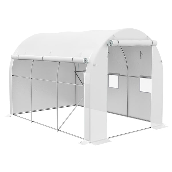 Serre de jardin 6 m² 3 x 2 m avec 1 porte + 2 parois latérales zippées enroulables, 6 fenêtres, acier galvanisé PE haute densité 140 g/m² Anti-UV blanc
