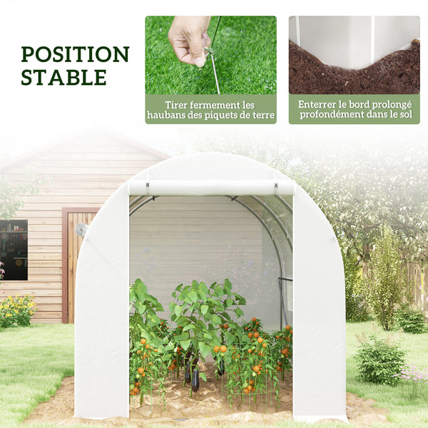 Serre de jardin 6 m² 3 x 2 m avec 1 porte + 2 parois latérales zippées enroulables, 6 fenêtres, acier galvanisé PE haute densité 140 g/m² Anti-UV blanc
