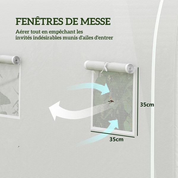Serre de jardin 6 m² 3 x 2 m avec 1 porte + 2 parois latérales zippées enroulables, 6 fenêtres, acier galvanisé PE haute densité 140 g/m² Anti-UV blanc