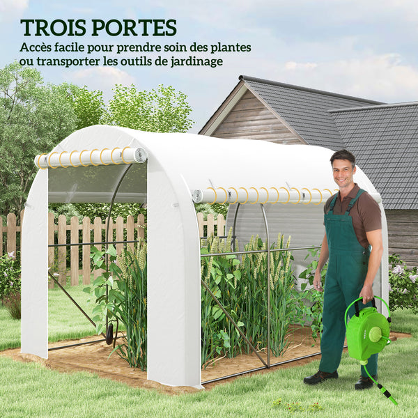 Serre de jardin 6 m² 3 x 2 m avec 1 porte + 2 parois latérales zippées enroulables, 6 fenêtres, acier galvanisé PE haute densité 140 g/m² Anti-UV blanc