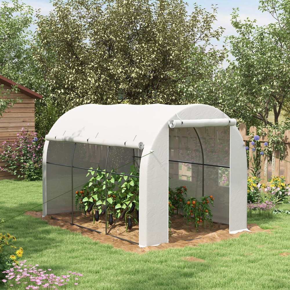 Serre de jardin 6 m² 3 x 2 m avec 1 porte + 2 parois latérales zippées enroulables, 6 fenêtres, acier galvanisé PE haute densité 140 g/m² Anti-UV blanc