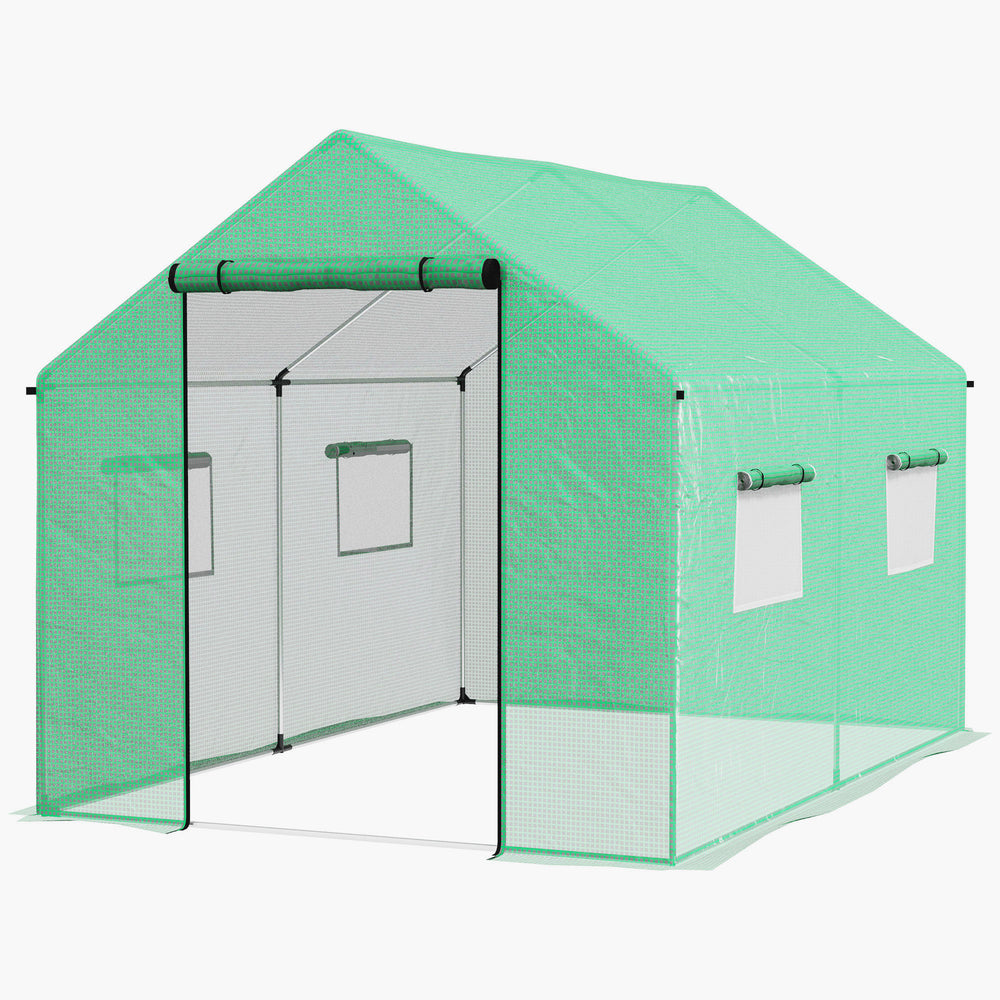 Serre de jardin tunnel 2 x 3m, 6m² avec porte enroulable, 4 fenêtres, - Acier galvanisé PE Haute densité Vert