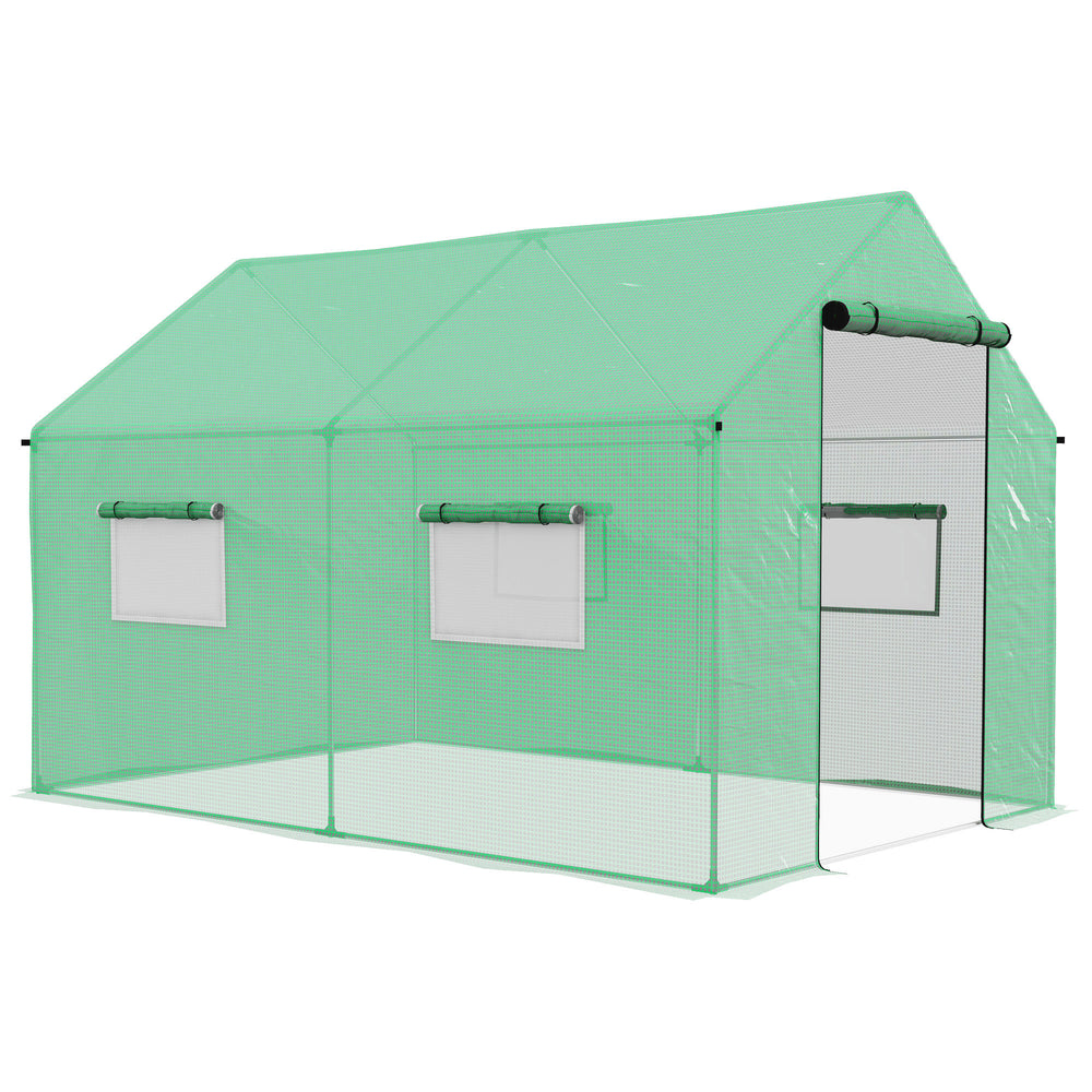 Serre de jardin tunnel 2 x 3m, 6m² avec porte enroulable, 4 fenêtres, - Acier galvanisé PE Haute densité Vert