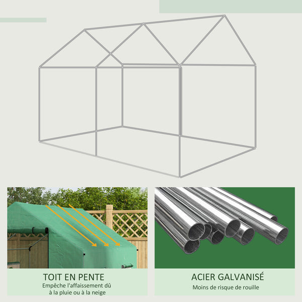 Serre de jardin tunnel 2 x 3m, 6m² avec porte enroulable, 4 fenêtres, - Acier galvanisé PE Haute densité Vert