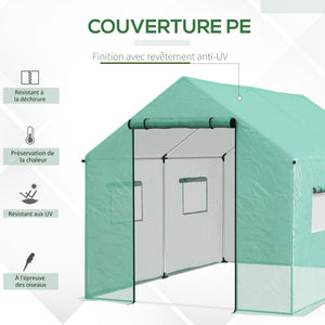 Serre de jardin tunnel 2 x 3m, 6m² avec porte enroulable, 4 fenêtres, - Acier galvanisé PE Haute densité Vert