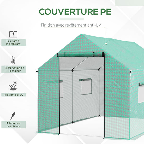 Serre de jardin tunnel 2 x 3m, 6m² avec porte enroulable, 4 fenêtres, - Acier galvanisé PE Haute densité Vert
