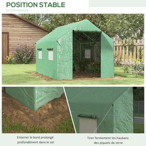 Serre de jardin tunnel 2 x 3m, 6m² avec porte enroulable, 4 fenêtres, - Acier galvanisé PE Haute densité Vert