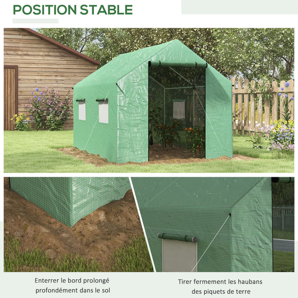 Serre de jardin tunnel 2 x 3m, 6m² avec porte enroulable, 4 fenêtres, - Acier galvanisé PE Haute densité Vert