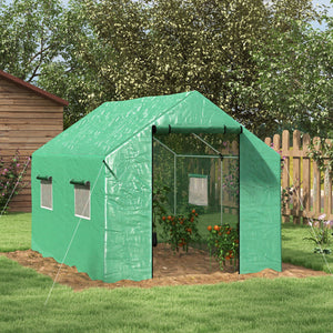 Serre de jardin tunnel 2 x 3m, 6m² avec porte enroulable, 4 fenêtres, - Acier galvanisé PE Haute densité Vert