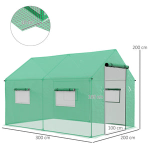 Serre de jardin tunnel 2 x 3m, 6m² avec porte enroulable, 4 fenêtres, - Acier galvanisé PE Haute densité Vert