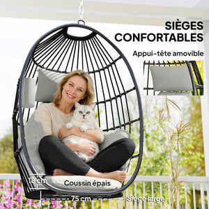 Fauteuil suspendu, fauteuil œuf suspendu, chaise hamac balançoire - panier pliable, coussins rembourrés, porte-gobelet, oreiller, pour intérieur et extérieur, capacité de 120 kg, gris foncé
