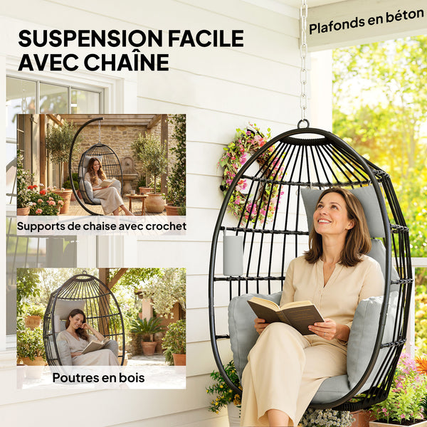 Fauteuil suspendu, fauteuil œuf suspendu, chaise hamac balançoire - panier pliable, coussins rembourrés, porte-gobelet, oreiller, pour intérieur et extérieur, capacité de 120 kg, gris foncé