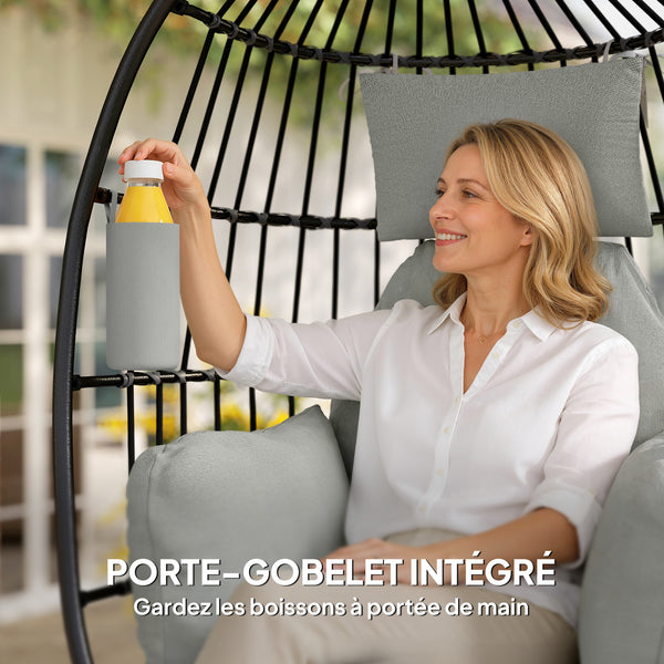 Fauteuil suspendu, fauteuil œuf suspendu, chaise hamac balançoire - panier pliable, coussins rembourrés, porte-gobelet, oreiller, pour intérieur et extérieur, capacité de 120 kg, gris foncé