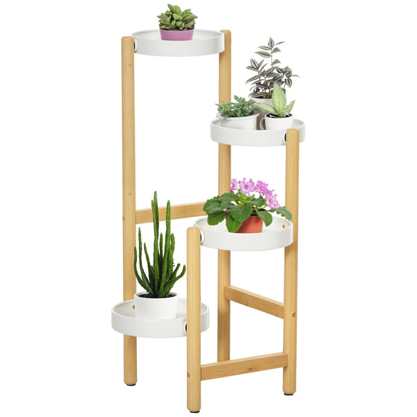 Support pour plantes piédestal étagère à fleurs avec 4 niveaux étagères rondes en bambou et métal pour extérieur intérieur 28 x 28 x 80 cm blanc