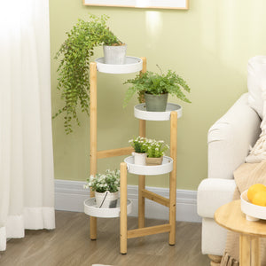 Support pour plantes piédestal étagère à fleurs avec 4 niveaux étagères rondes en bambou et métal pour extérieur intérieur 28 x 28 x 80 cm blanc