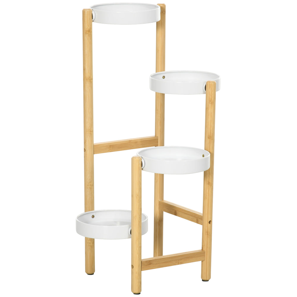 Support pour plantes piédestal étagère à fleurs avec 4 niveaux étagères rondes en bambou et métal pour extérieur intérieur 28 x 28 x 80 cm blanc