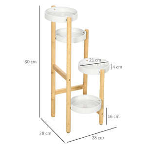 Support pour plantes piédestal étagère à fleurs avec 4 niveaux étagères rondes en bambou et métal pour extérieur intérieur 28 x 28 x 80 cm blanc