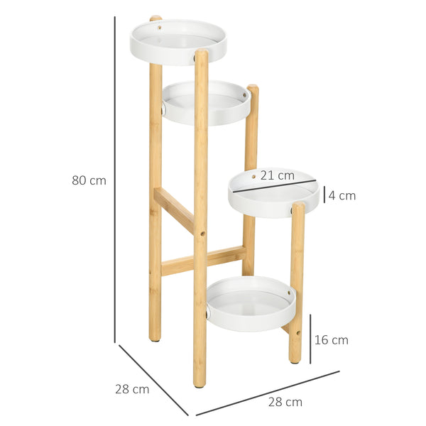 Support pour plantes piédestal étagère à fleurs avec 4 niveaux étagères rondes en bambou et métal pour extérieur intérieur 28 x 28 x 80 cm blanc