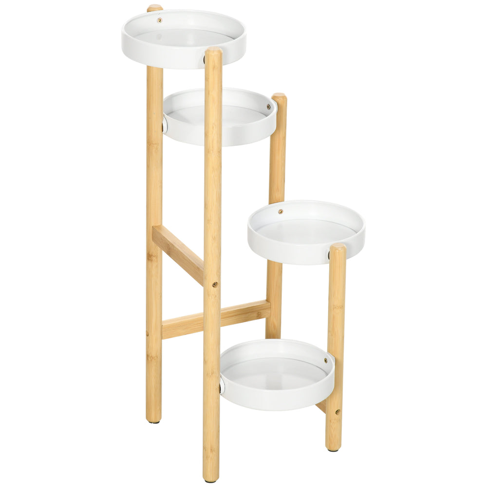 Support pour plantes piédestal étagère à fleurs avec 4 niveaux étagères rondes en bambou et métal pour extérieur intérieur 28 x 28 x 80 cm blanc