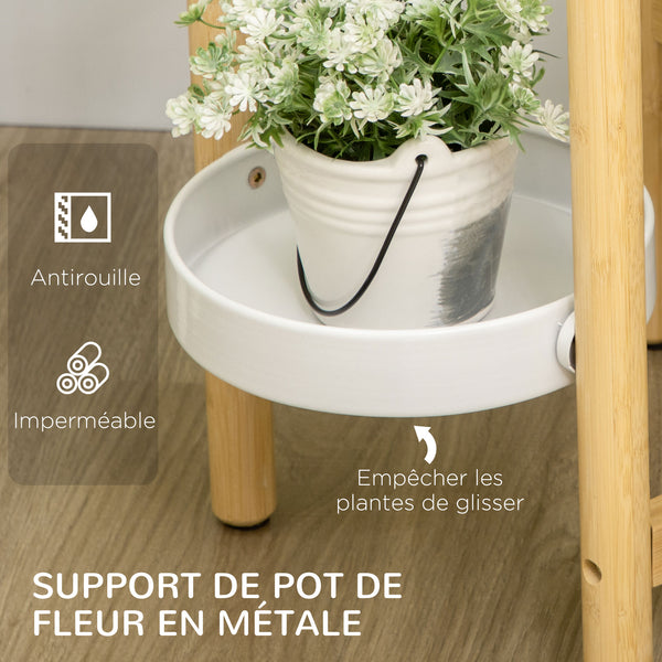 Support pour plantes piédestal étagère à fleurs avec 4 niveaux étagères rondes en bambou et métal pour extérieur intérieur 28 x 28 x 80 cm blanc