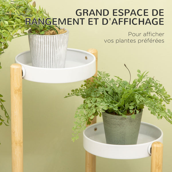 Support pour plantes piédestal étagère à fleurs avec 4 niveaux étagères rondes en bambou et métal pour extérieur intérieur 28 x 28 x 80 cm blanc