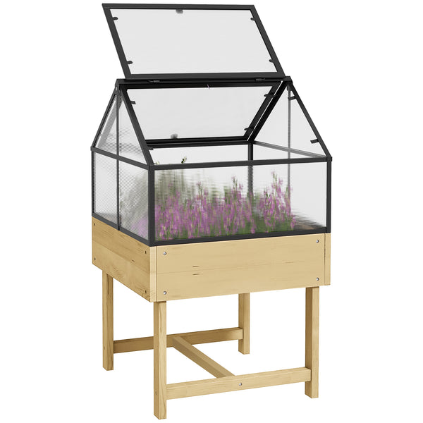 Mini Serre sur Pieds - jardinière surélevée - dim.  60L x 57l x 103H cm - double toit ouvrable Panneaux de Polycarbonate, acier, Bois Sapin traité