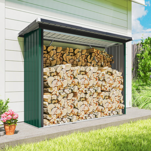 Abri-bûches Couvert en Acier Galvanisé, Support pour Bois de Chauffage Robuste, Montage Rapide, Étagère à Bûches Extérieur Plancher Surélevé Toit Incliné, 213x66,5x150cm, Vert