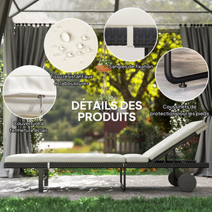 Bain de soleil chaise longue avec coussin en résine tressée, transat jardin extérieur inclinable avec roulettes pour plage relax piscine terrasse, 198 x 65 x 85 cm, crème