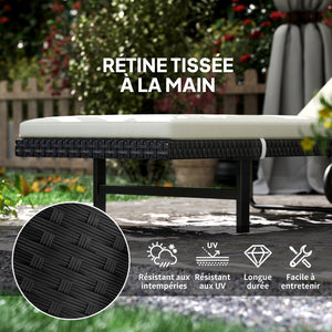 Bain de soleil chaise longue avec coussin en résine tressée, transat jardin extérieur inclinable avec roulettes pour plage relax piscine terrasse, 198 x 65 x 85 cm, crème