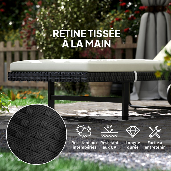 Bain de soleil chaise longue avec coussin en résine tressée, transat jardin extérieur inclinable avec roulettes pour plage relax piscine terrasse, 198 x 65 x 85 cm, crème