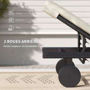 Bain de soleil chaise longue avec coussin en résine tressée, transat jardin extérieur inclinable avec roulettes pour plage relax piscine terrasse, 198 x 65 x 85 cm, crème