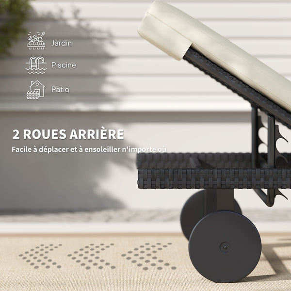 Bain de soleil chaise longue avec coussin en résine tressée, transat jardin extérieur inclinable avec roulettes pour plage relax piscine terrasse, 198 x 65 x 85 cm, crème