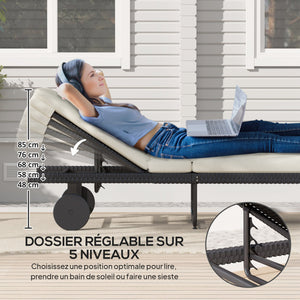 Bain de soleil chaise longue avec coussin en résine tressée, transat jardin extérieur inclinable avec roulettes pour plage relax piscine terrasse, 198 x 65 x 85 cm, crème