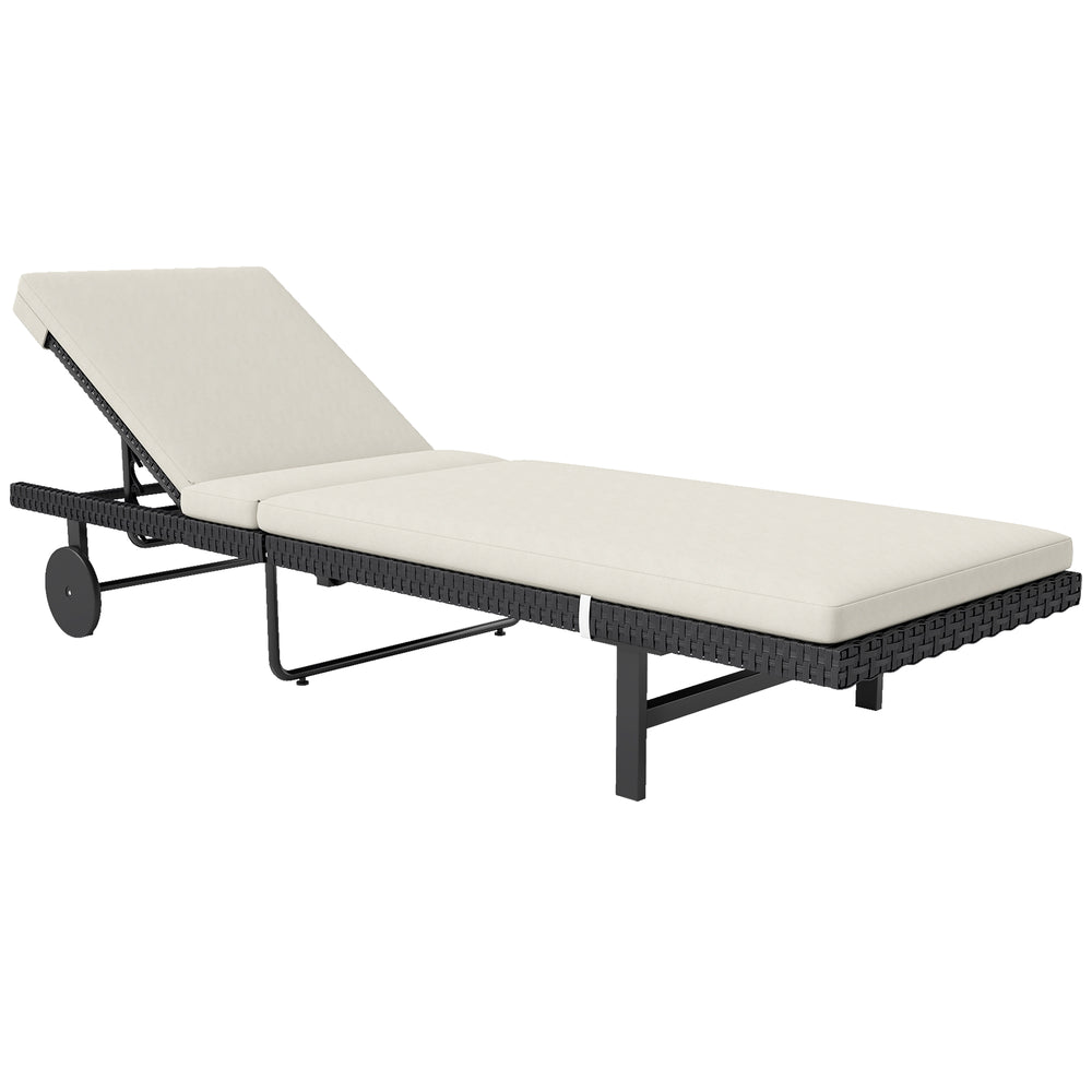 Bain de soleil chaise longue avec coussin en résine tressée, transat jardin extérieur inclinable avec roulettes pour plage relax piscine terrasse, 198 x 65 x 85 cm, crème