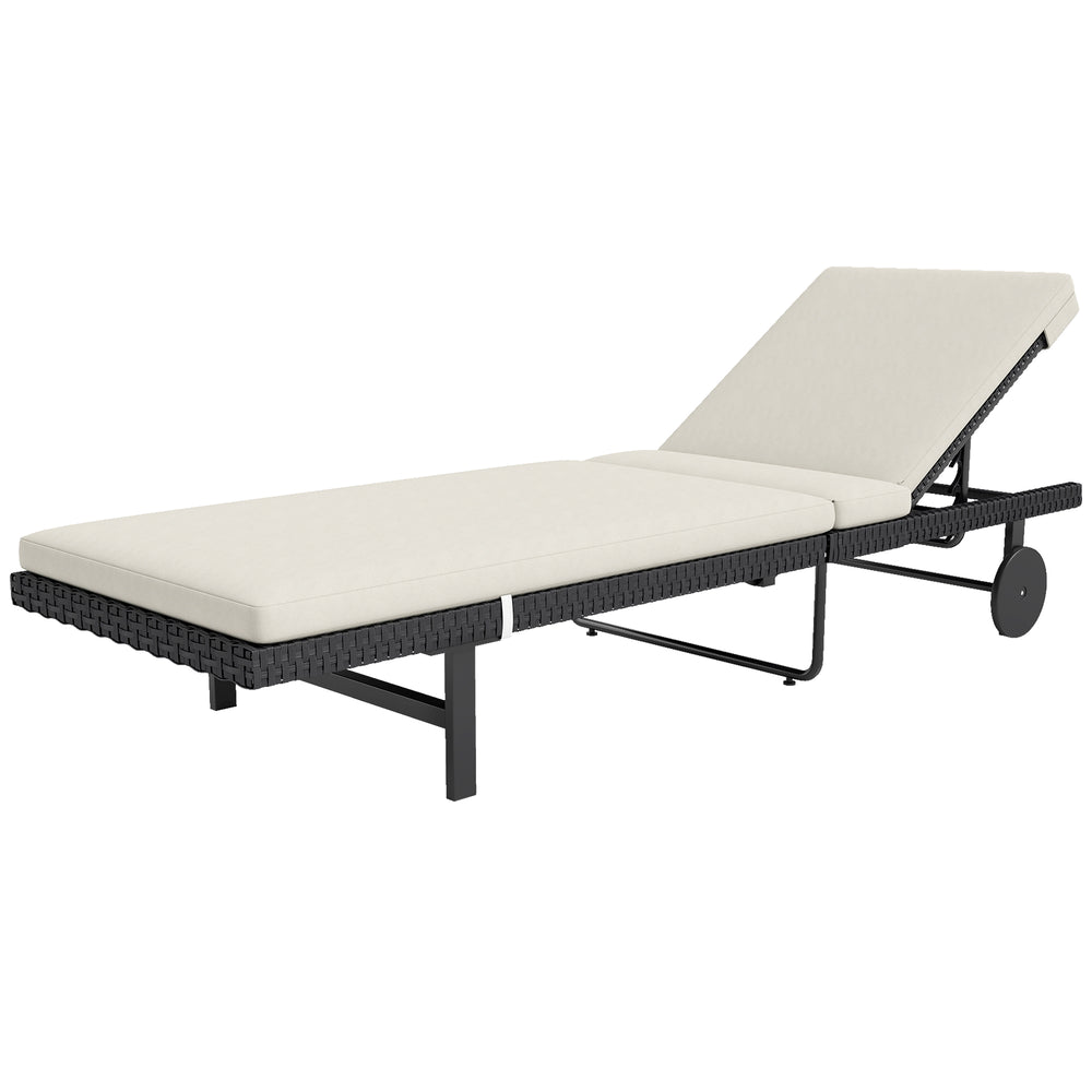 Bain de soleil chaise longue avec coussin en résine tressée, transat jardin extérieur inclinable avec roulettes pour plage relax piscine terrasse, 198 x 65 x 85 cm, crème