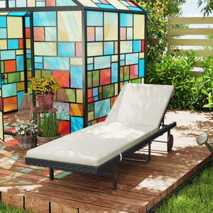 Bain de soleil chaise longue avec coussin en résine tressée, transat jardin extérieur inclinable avec roulettes pour plage relax piscine terrasse, 198 x 65 x 85 cm, crème